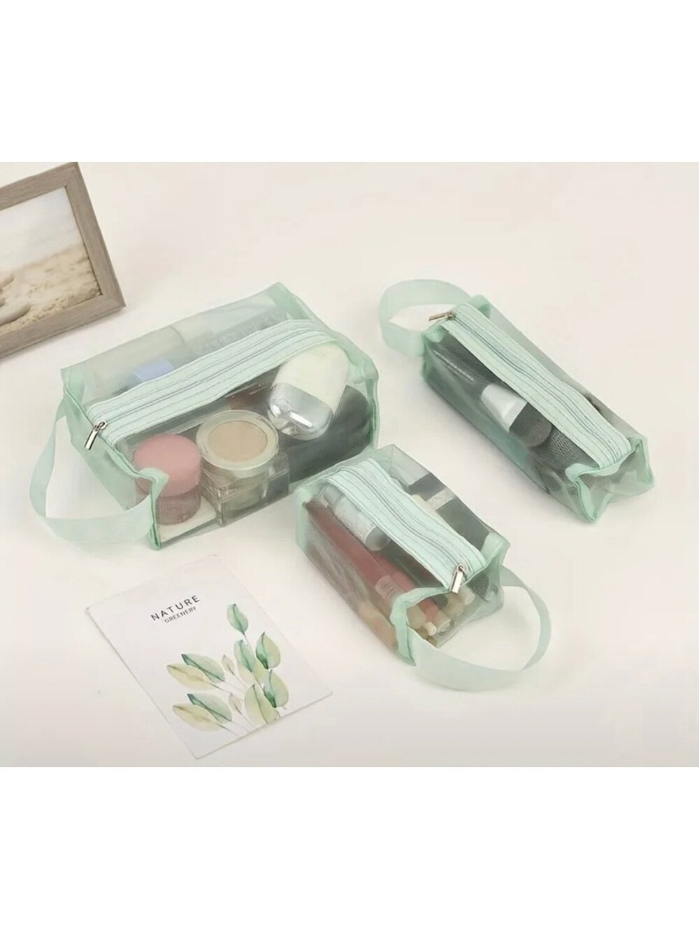 New - Chic - 3 Piece Matching Cosmetic/Accessories Bags - Green